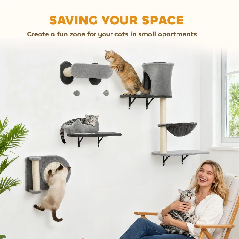 PawHut 4Pcs Cat Wall Shelves with Scratching Post & Pad, Condo, Hammock, Bed, Step, Hanging Pompoms, Perches