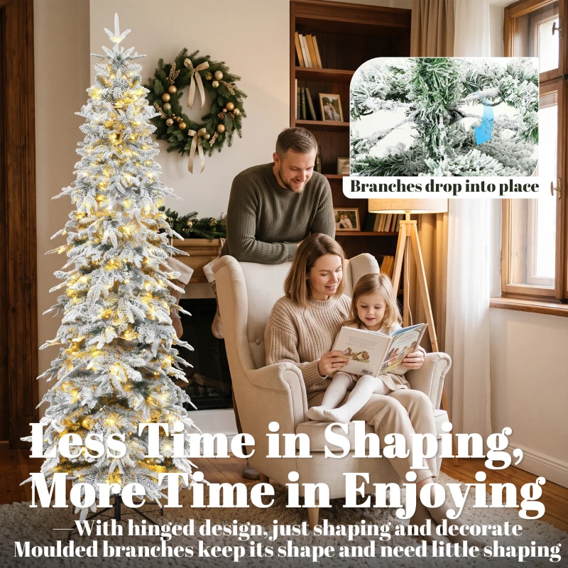 HOMCOM 7ft Prelit Flocked Christmas Tree, Artificial Pencil Hinged Xmas Tree w/ Slim Downswept Shape, 350 Warm White LED Lights, 8 Modes, Daily Timer, 800 Tips, Remote, Green White