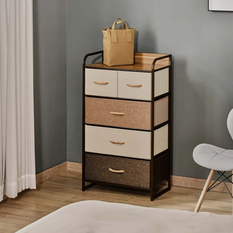 HOMCOM 5-Drawer Fabric Dresser Tower, 4-Tier Storage Organizer with Steel Frame for Hallway, Bedroom, and Closet, Maple Wood