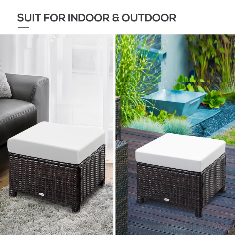 Outsunny 20" Patio Wicker Ottoman, Multipurpose Outdoor PE Rattan Footrest, Additional Seating, Side Table with Soft Cushion, Dark Brown, Cream White