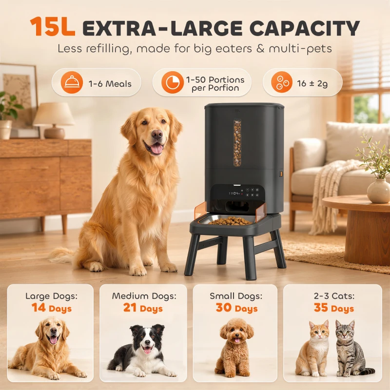 PawHut 15L/63 Cups Anti-Clog Automatic Dog Feeder for Large Breed up to 23mm, Elevated Design,  Dual Power, Easy to Set Up