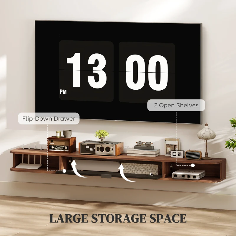 HOMCOM 71" Floating TV Stand for TVs up to 75 Inch, Wall Mounted Media Console with Flip Drawer and 2 Open Shelves, Walnut(m-5)