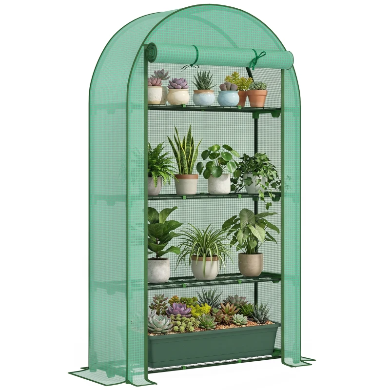 Outsunny Mini Greenhouse, Portable Greenhouse with 4 Tier Shelves, Roll-Up Door, and Plastic Cover, 41.3" x 17.7" x 63", Green