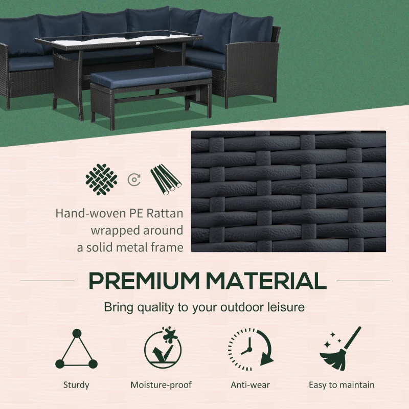 Outsunny 4 Pieces Patio Wicker Dining Sets, Outdoor PE Rattan Sectional Conversation Set with Cushions & Dining Table, Bench for Garden, Backyard, Lawn, Navy Blue
