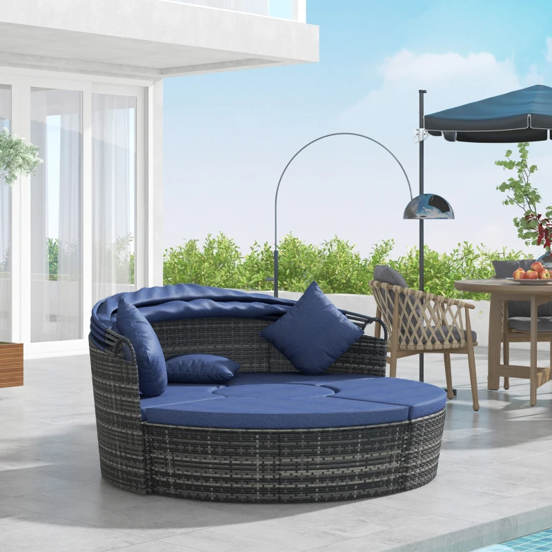 Outsunny 4-piece Cushioned Outdoor Rattan Wicker Sunbed or Conversational Sofa Set with Sun Canopy, Dark Blue