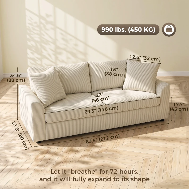 HOMCOM 3 Seater Sofa, 83.5" Modern Upholstered Couch with Pocket Spring and 2 Scatter Cushions for Living Room, Cream White