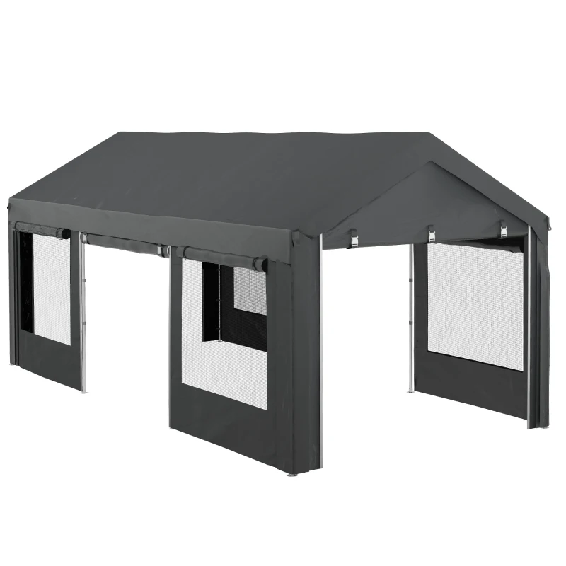 Outsunny 10' x 20' Carport, Heavy Duty Portable Garage, Height Adjustable, with 4 Mesh Windows and 4 Doors, Gray