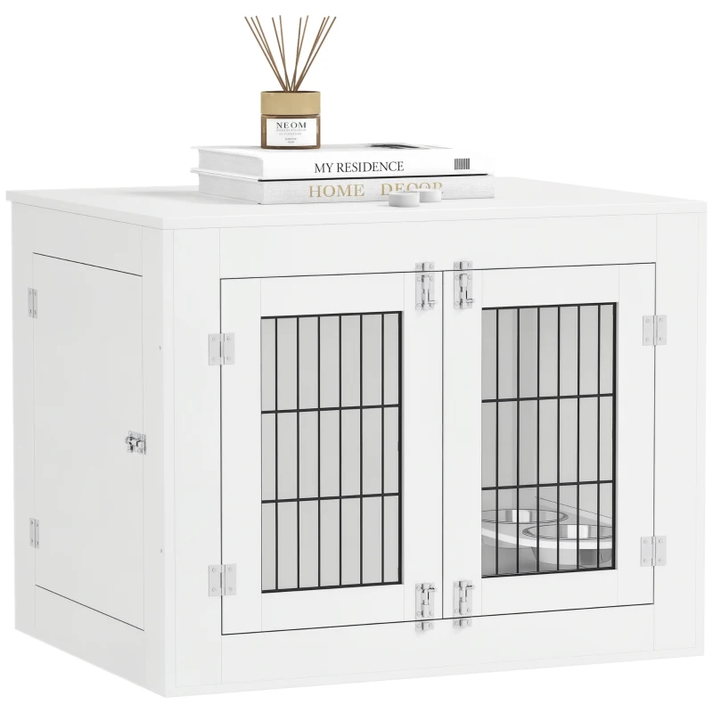 PawHut Dog Crate Furniture with 360° Rotatable Removable Dog Bowls, Two Doors, for Medium Dogs, 31.5" x 24" x 25", White