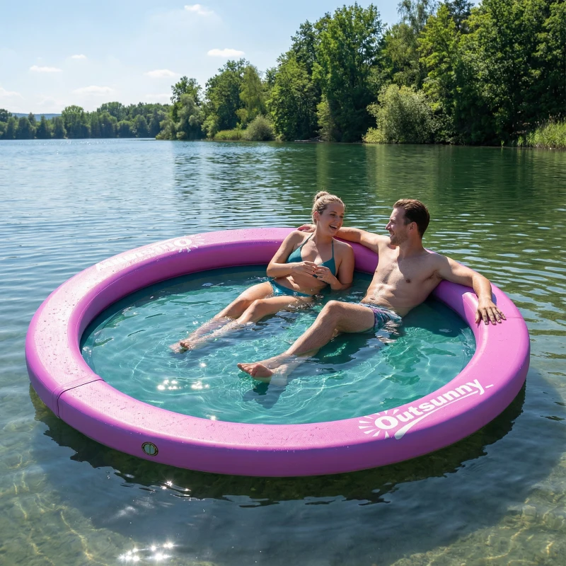 Outsunny 8FT Inflatable Water Hammock Floating Ring, Inflatable Floating Dock Platform for for Lakes, Pools, Oceans, Purple