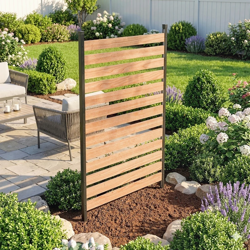Outsunny Privacy Screen Panel, 38" x 76" No Dig Space Divider with Fir Wood Planks and Aluminum Posts, Great to Hide Trash Cans
