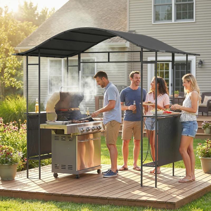 Outsunny 8' x 5' Grill Gazebo Canopy, Outdoor BBQ Shelter with 2 Side Shelves, Dark Grey