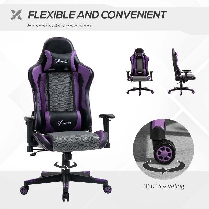 Vinsetto Gaming Chair Racing Style Ergonomic Office Chair High Back Computer Desk Chair Adjustable Height Swivel Recliner with Headrest and Lumbar Support, Purple