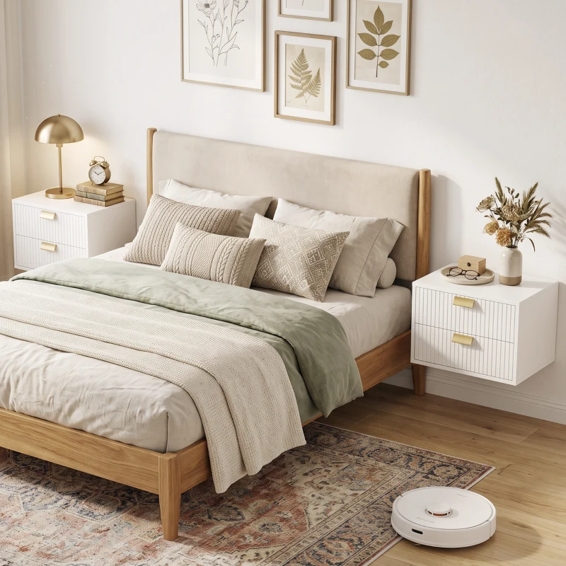 HOMCOM Modern Floating Nightstands Set of 2, Wall Mounted Bedside Tables with 2 Wave Drawers White