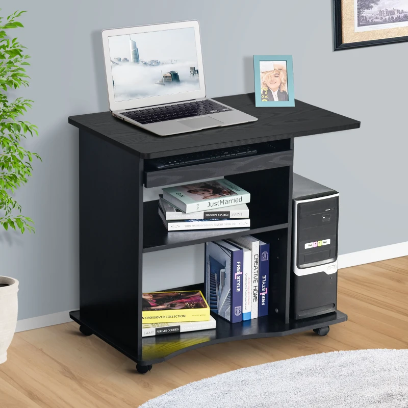HOMCOM Computer Desk Cart, Mobile Small Office Workstation with Slide-Out Keyboard Tray, Adjustable Shelf, & CPU Stand, Black