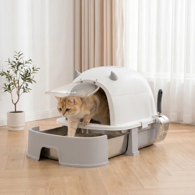 PawHut Stainless Steel Cat Litter Box Easy to Clean Kitty Litter Box with Slide-Out Tray Large Gray