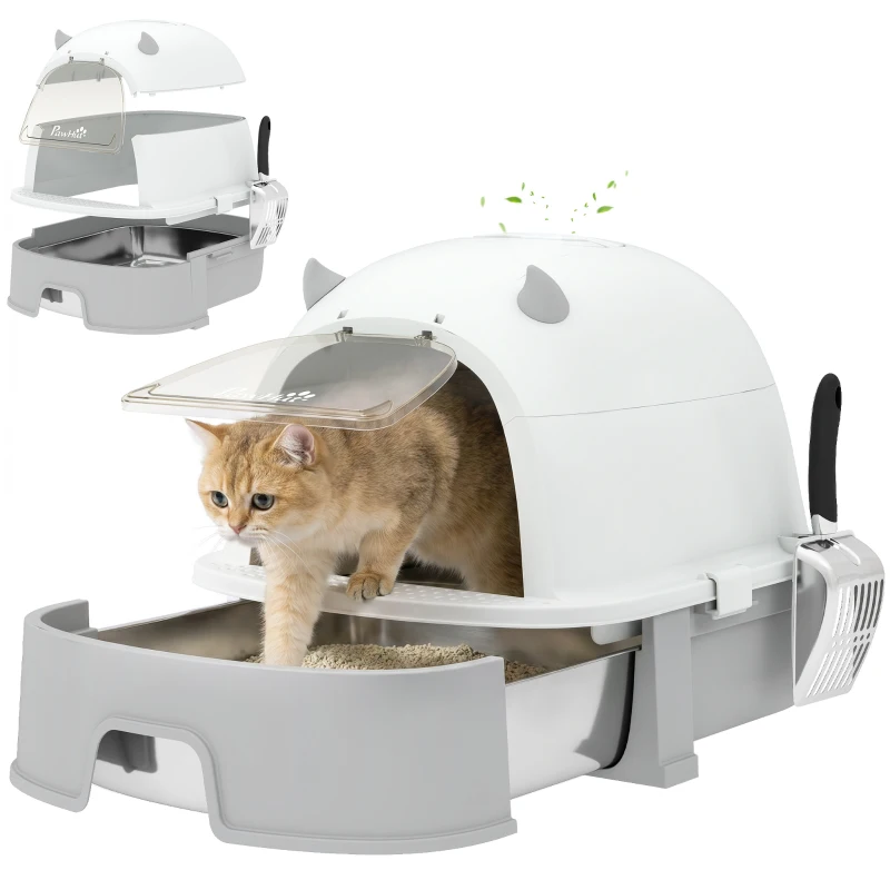 PawHut Stainless Steel Cat Litter Box Easy to Clean Kitty Litter Box with Slide-Out Tray Large Gray