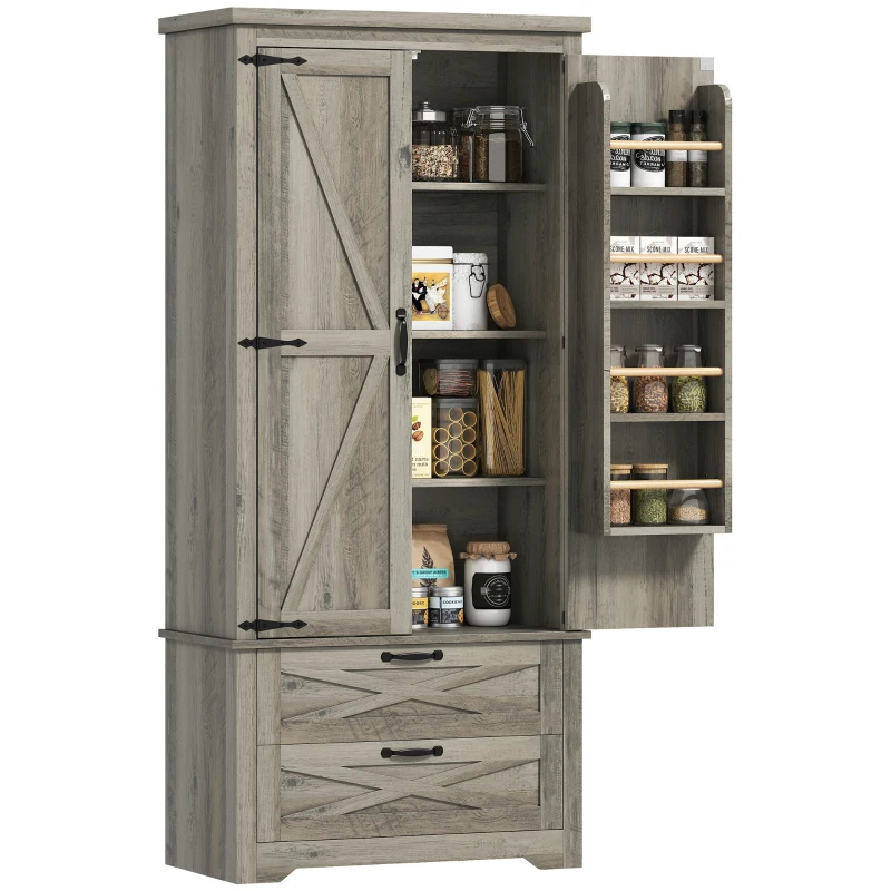 HOMCOM Farmhouse Kitchen Pantry Storage Cabinet, 64" Freestanding Kitchen Pantry Cabinet with Drawers, Distressed Grey