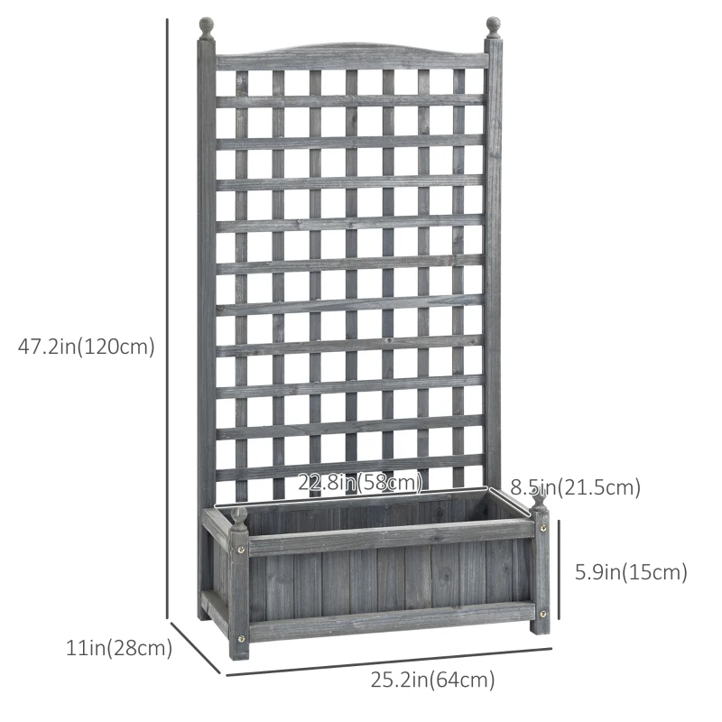 Outsunny Raised Garden Bed with Trellis for Climbing Vines, 25.2" x 11" x 47.2" Wood Planter Box for Garden, Free Standing Flower Bed, Indoor Outdoor Display Rack, Grey