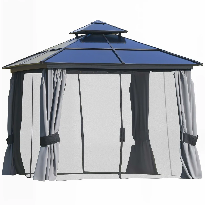 Outsunny 10'x10' Hardtop Patio Gazebo Aluminum Gazebo Deck Canopy with Double Tier Roof, Curtains, Netting Sidewalls, Black & Grey