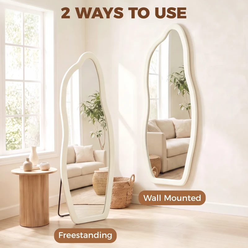 HOMCOM Standing Mirror, 63" x 23.6" Full Length Mirror with Velvet Padded Frame and Arched Top, Cream White