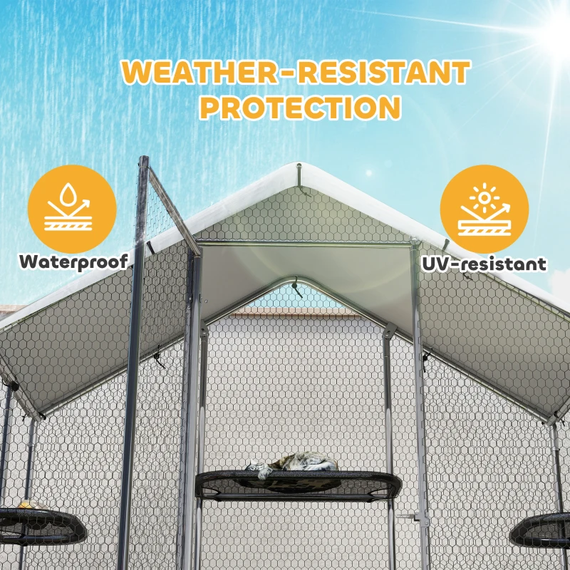PawHut Large Catio Outdoor Cat Enclosure with Waterproof Cover, Walk-in Cat Patio w/ 5 Adjustable Platforms & Hammock