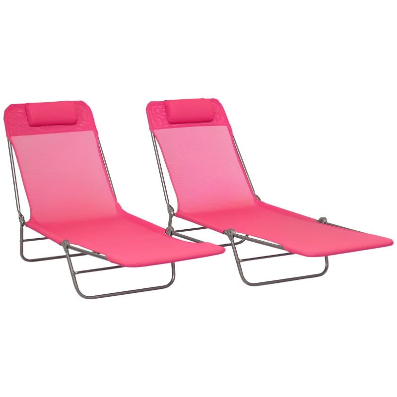 Outsunny Set of 2 Folding Chaise Lounge Chairs, Outdoor Poolside Sun Tanning Chairs w/ Pillow, Reclining Backrest, Pink