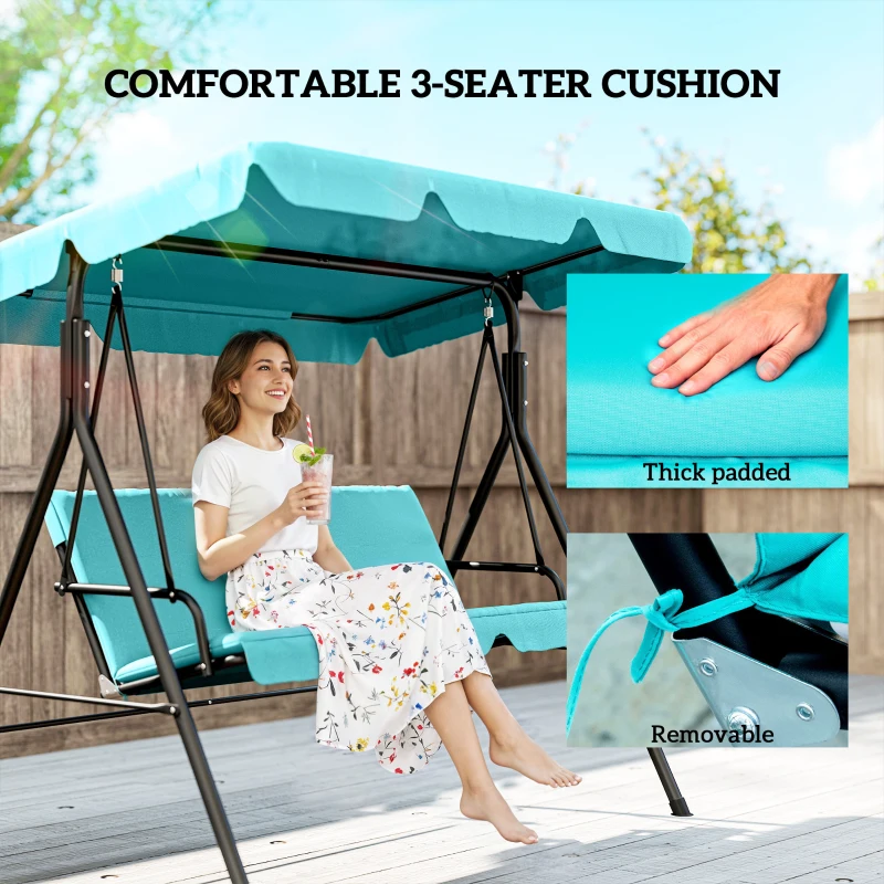 Outsunny 3-Seater Outdoor Porch Swing with Adjustable Canopy, Patio Swing Chair for Garden, Poolside, Backyard, Teal