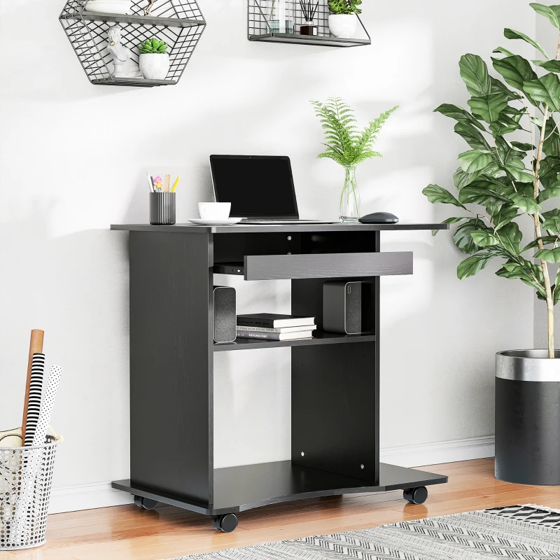 HOMCOM Computer Desk Cart, Mobile Small Office Workstation with Slide-Out Keyboard Tray, Adjustable Shelf, & CPU Stand, Black