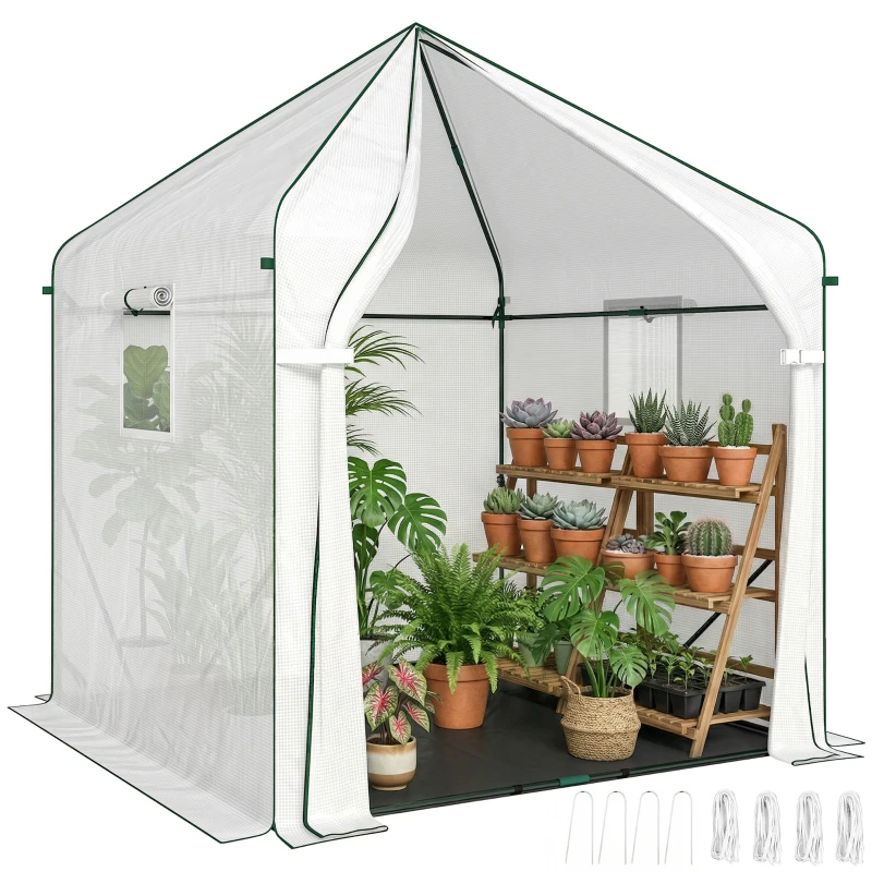 Outsunny Walk-in Greenhouse, 63" x 63" x 78.7", Roll-Up Door, 3 Mesh Windows, PE Cover, Steel Frame, White