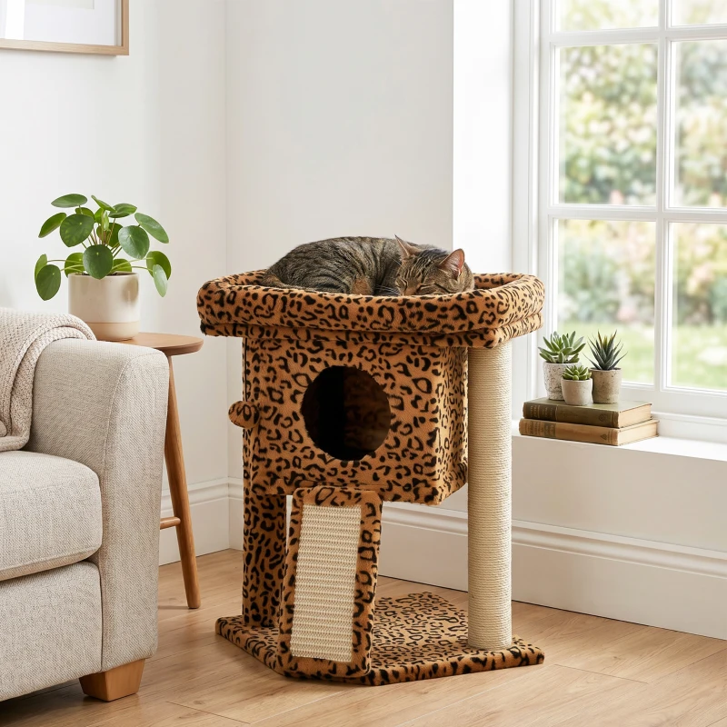 PawHut Cat Tree, Small Cat Tower with Perch, Scratching Post, Cat Condo, Toy Ball for Kitty, Leopard Print