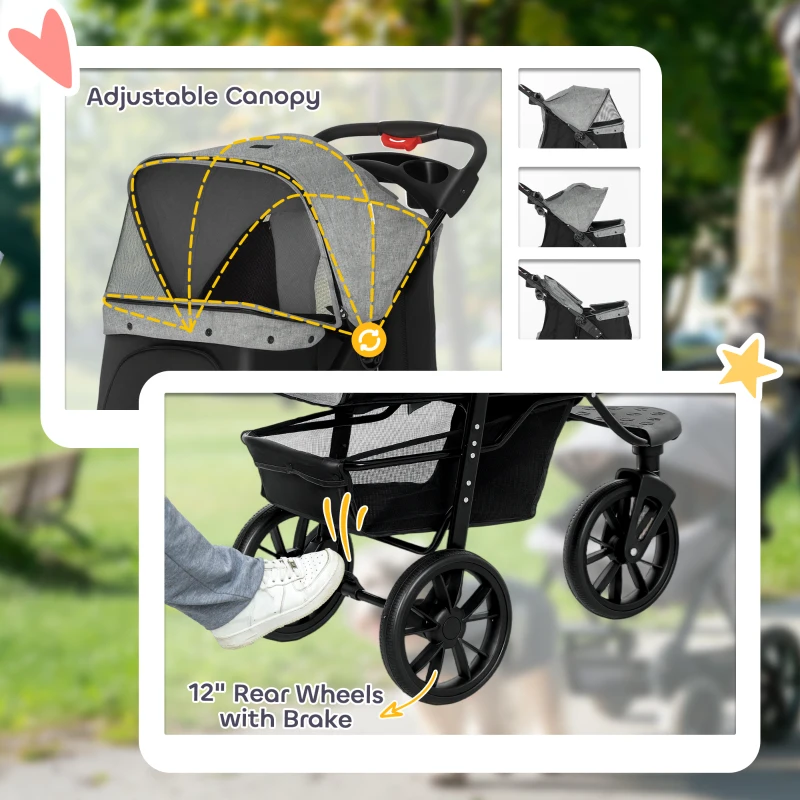PawHut 3 Wheel Folding Dog Stroller, Travel Carrier with Adjustable Canopy, Storage Brake, Mesh Window for S&M Dogs Grey