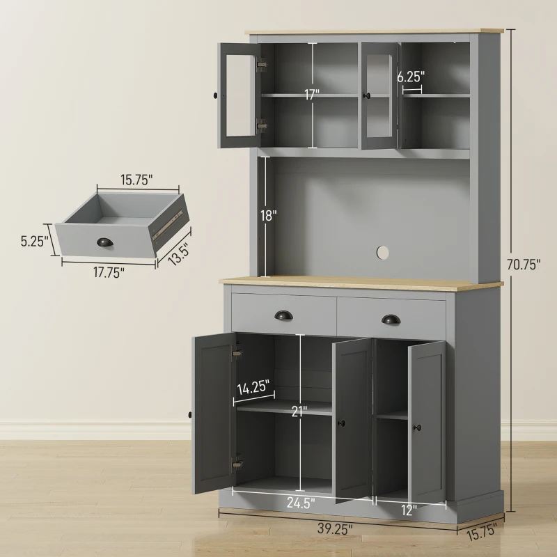 HOMCOM Freestanding Kitchen Cabinet, 71" Tall Pantry Cabinet, Modern Hutch with Wide Countertop, Adjustable Shelves, Gray