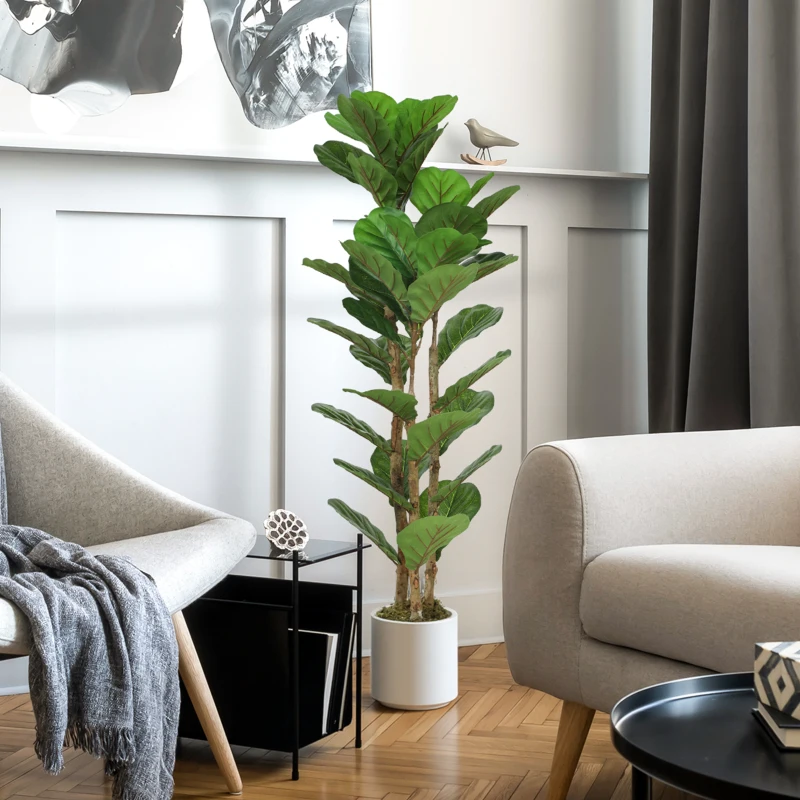 HOMCOM 4FT Artificial Fiddle Leaf Fig Tree, Fake Potted Tree with Solid Wood Trunks and Lifelike Leaves for Indoor Decor, Green