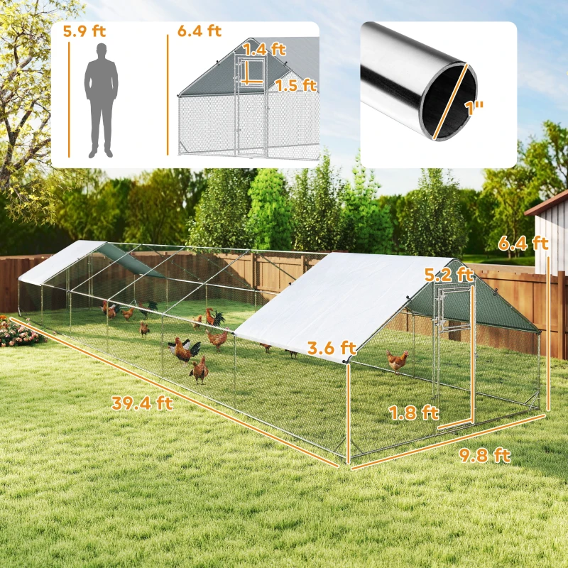PawHut Large Chicken Coop with Waterproof and Anti-UV Cover, Spire Shaped for Outdoor and Yard Farm Use, 39' x 10' x 6.4'