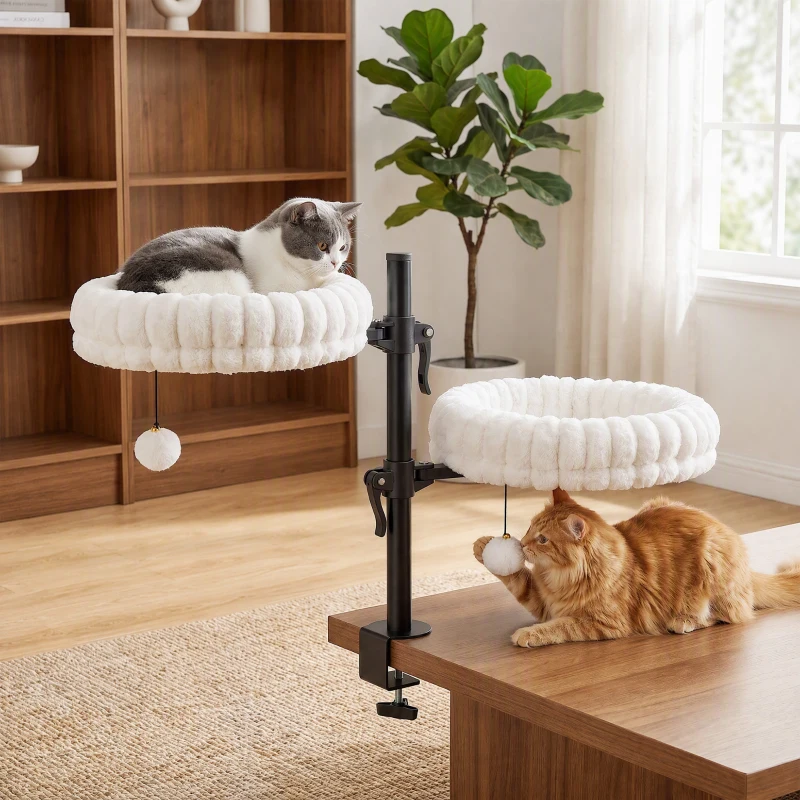 PawHut Cat Desk Bed for Indoor, Cat Hammock with 2 Removable Beds, 2 Hanging Balls for Desk, Windows, Holds Up to 24 lbs, White