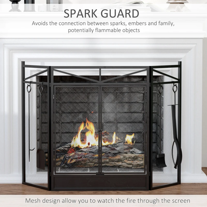 HOMCOM 3-Panel Folding Fireplace Screen with 2 Magnetic Doors and Fire Place Tools Set, Fire Spark Guard for Wood Burning, with Brush, Shovel, Poker, Firewood Tongs, 48" x 0.75", Black