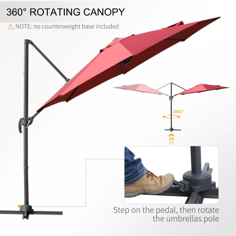 Outsunny 10' Hanging Tilt Offset Cantilever Patio Umbrella with 6-Level Adjustable Angle, Base Stand, UV Fighting Canopy, & 360° Rotation, Wine Red