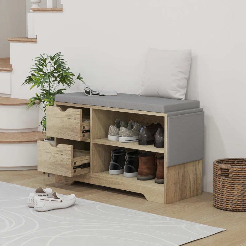 HOMCOM Upholstered Shoe Storage Bench w/ Seat, Entrance Bench w/ Drawer Open Shelves and Pocket for Hallway, Grey