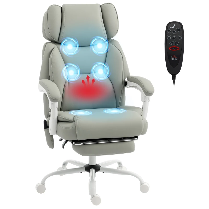 HOMCOM High Back Vibration Massage Office Chair Heated Reclining Computer Chair w/ Footrest, Swivel Wheels, Remote, Light Gray