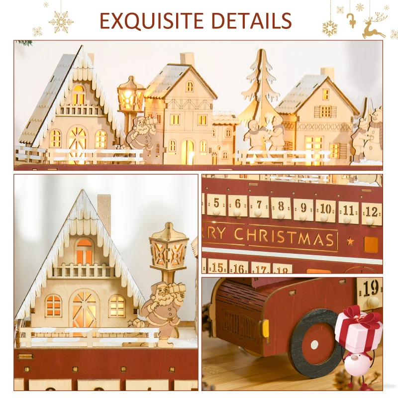HOMCOM Christmas Advent Calendar, Light Up Table Xmas Wooden Bus Holiday Decoration with Countdown Drawer