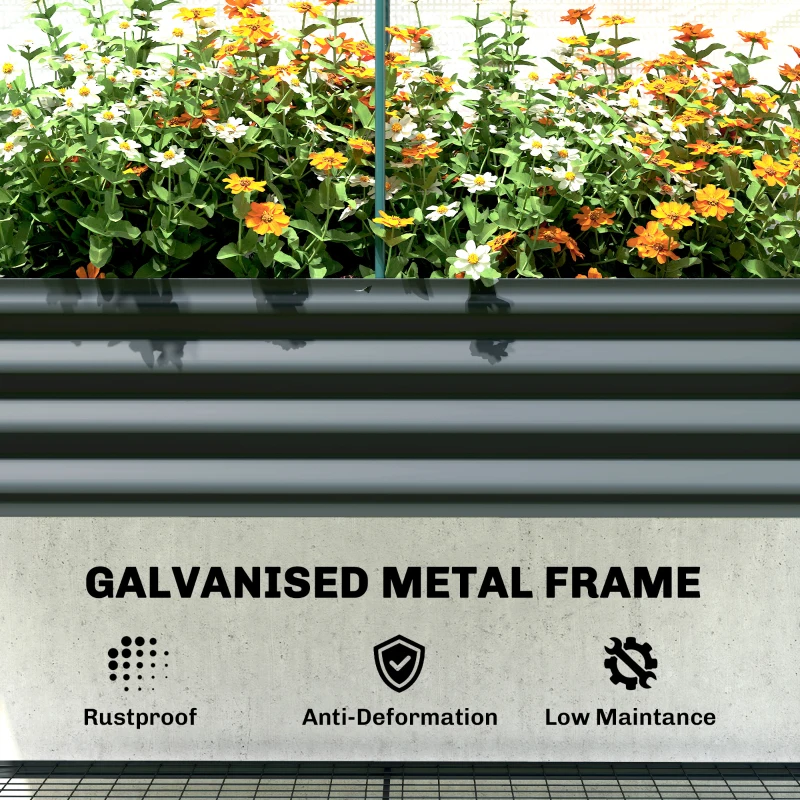 Outsunny Galvanised Raised Garden Bed with Greenhouse Cover, Metal Elevated Garden Bed with Bed Liner, Bottom Shelf, Dark Gray