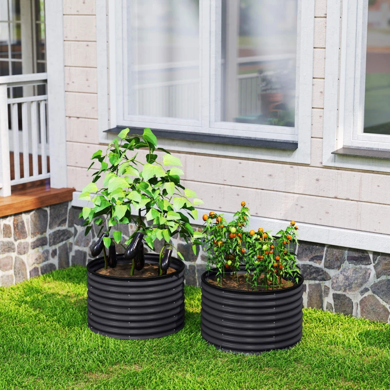 Outsunny Set of 2 Raised Garden Bed, Metal Planter Box with Safety Edging, Easy-to-assemble Stock Tank, Dark Gray