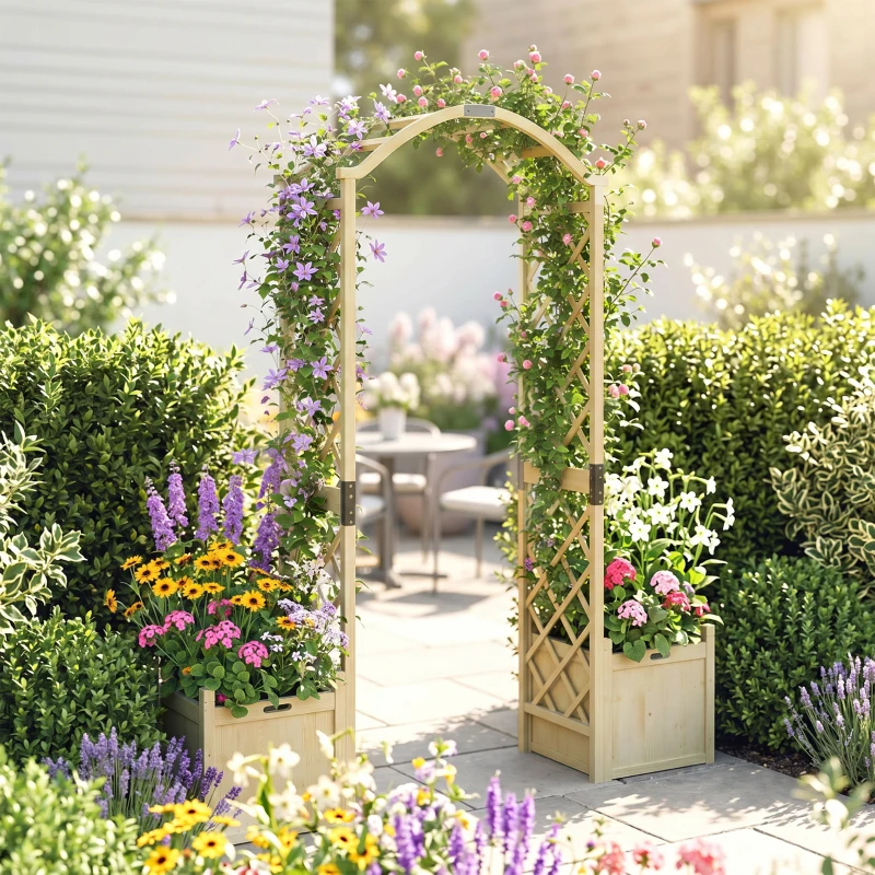 Outsunny Wooden Garden Arch with 2 Planter Boxes, Arch Trellis for Climbing Plants, Decorative Arbor Archway, Natural Wood