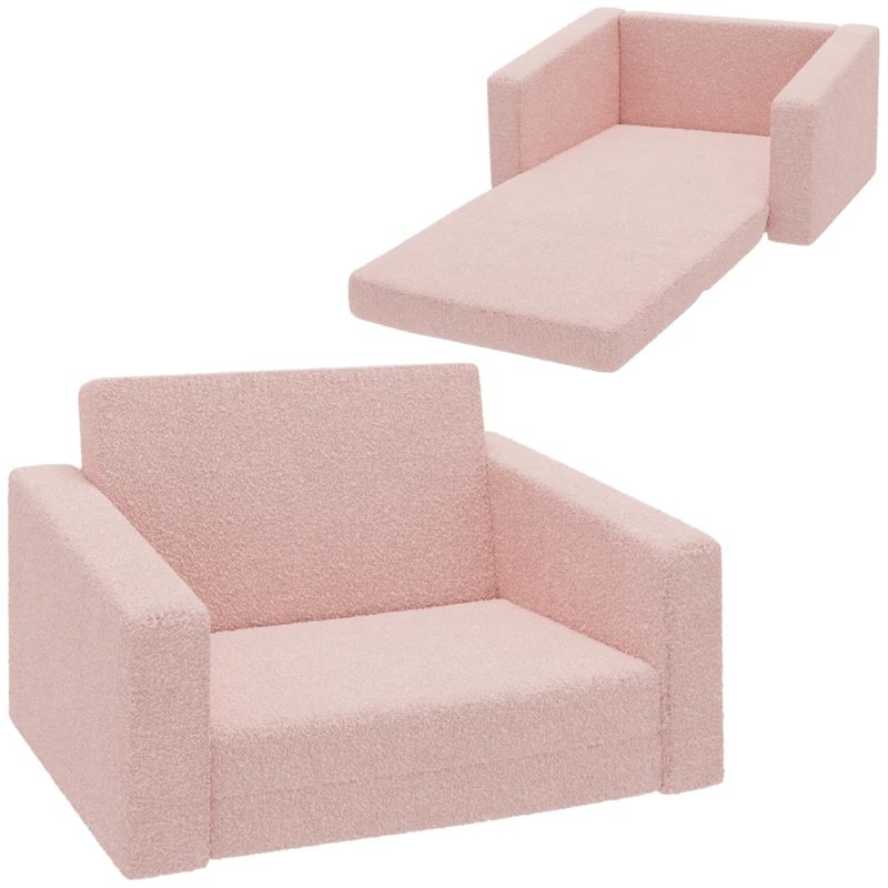 Qaba 2 in 1 Kids Fold Out Chair Convertible Sofa to Lounger w/ Washable Cover for Boys and Girls, Pink