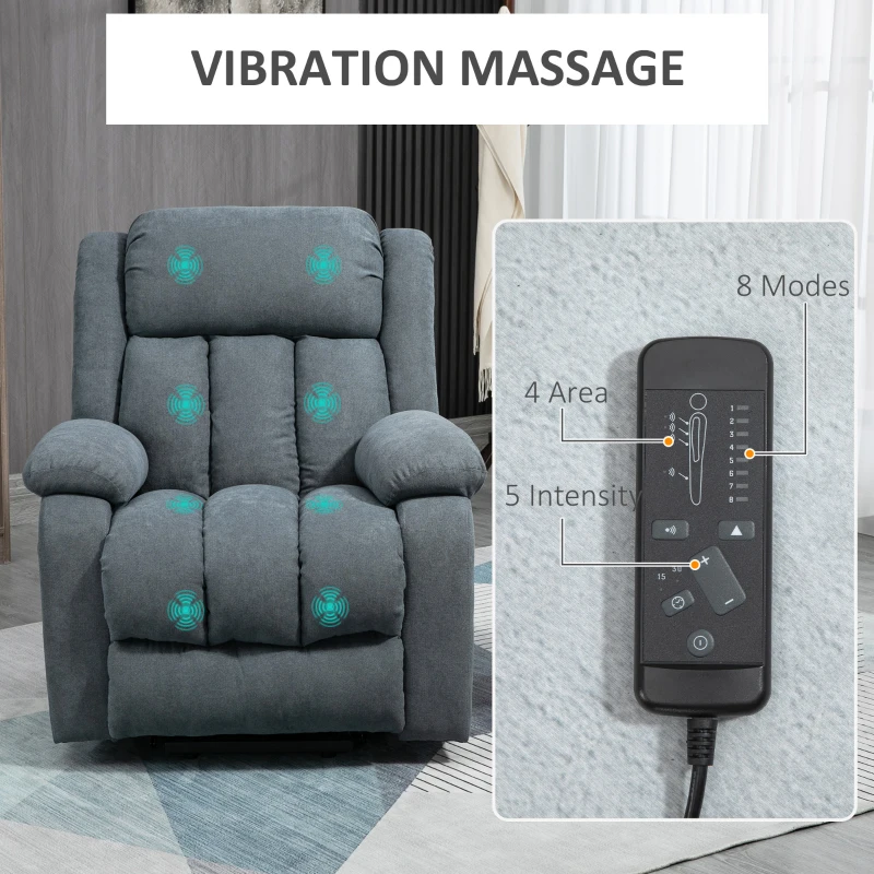 HOMCOM Power Lift Chair for Elderly Big and Tall with Massage, Linen Fabric Upholstered Recliner Sofa Chair with Remote Control, Side Pockets, Grey