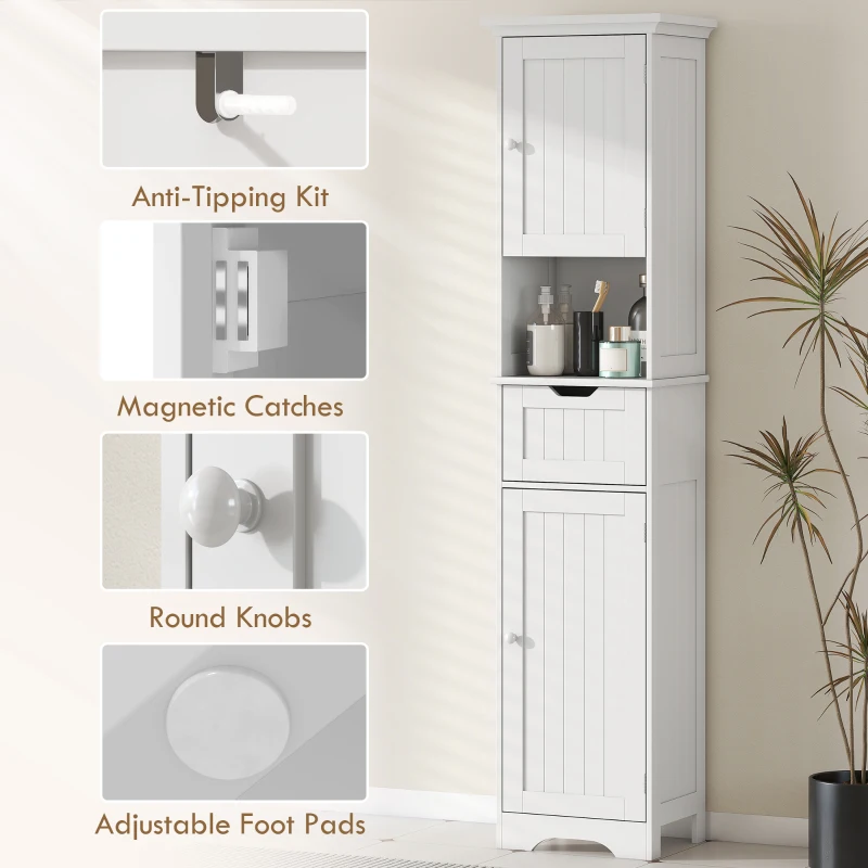 HOMCOM 67" Tall Bathroom Storage Cabinet, Narrow Bathroom Cabinet with LED Light, Adjustable Shelf, Open Compartment, Drawer