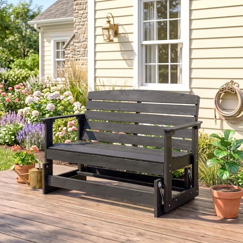 Outsunny Patio Glider Bench w/ HDPE Slatted Double Rocking Chair, Distressed Black