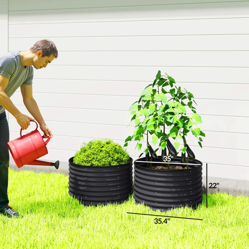 Outsunny Set of 2 Raised Garden Bed, Metal Planter Box with Safety Edging, Easy-to-assemble Stock Tank, Dark Gray