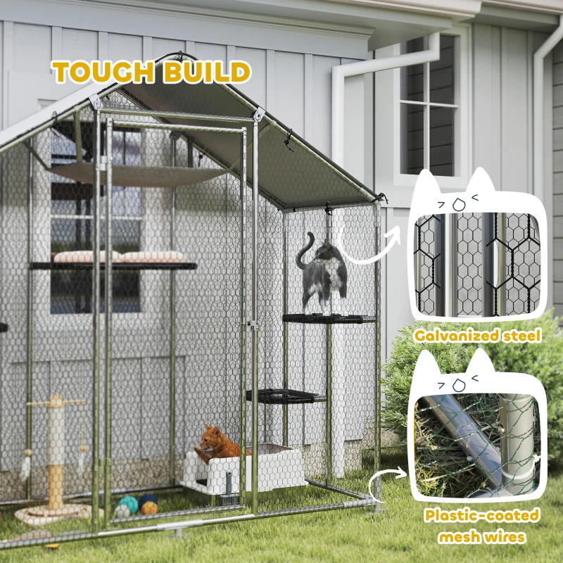 PawHut Large Catio Outdoor Cat Enclosure with Waterproof Cover, Walk-in Cat Patio w/ 5 Adjustable Platforms & Hammock