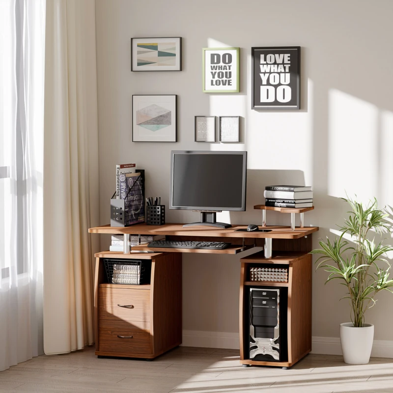 HOMCOM Multi-Function Computer Desk, Home Office Workstation with Keyboard Tray, Elevated Shelf, Sliding Scanner Shelf and CPU Stand, 47.25 x 21.75 Inch, Walnut Brown